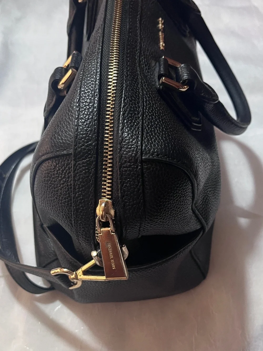 MICHAEL KORS Black Leather Satchel with Gold Hardware